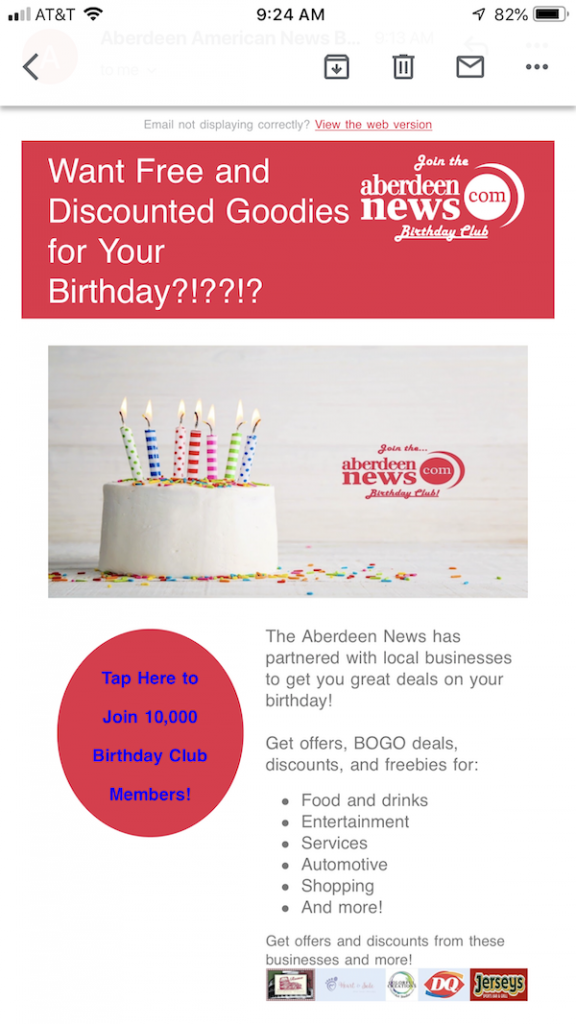 aberdeen birthday email signup