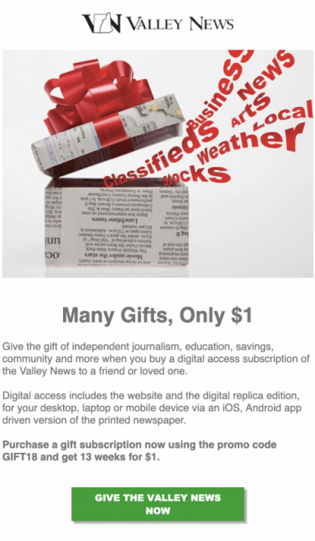 Valley News Gift Subscription offer to subscribers