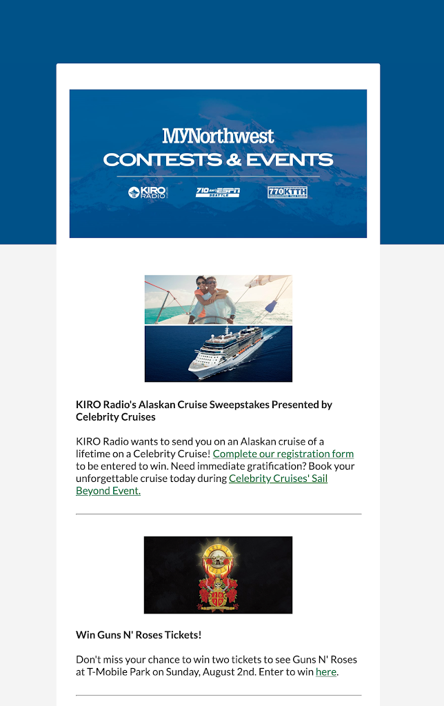 Bonneville Seattles Contests and Events newsletter