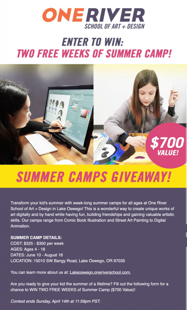 One River School of Art + Design Summer Camps Sweepstakes