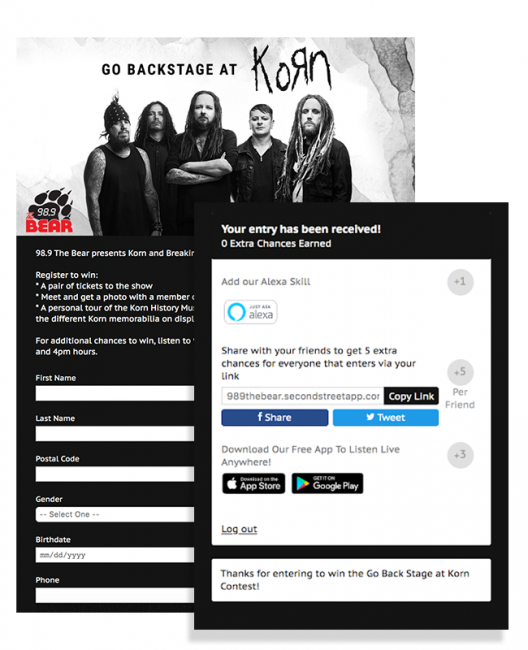 Sweepstakes promotion for backstage at KORN plus extra chances